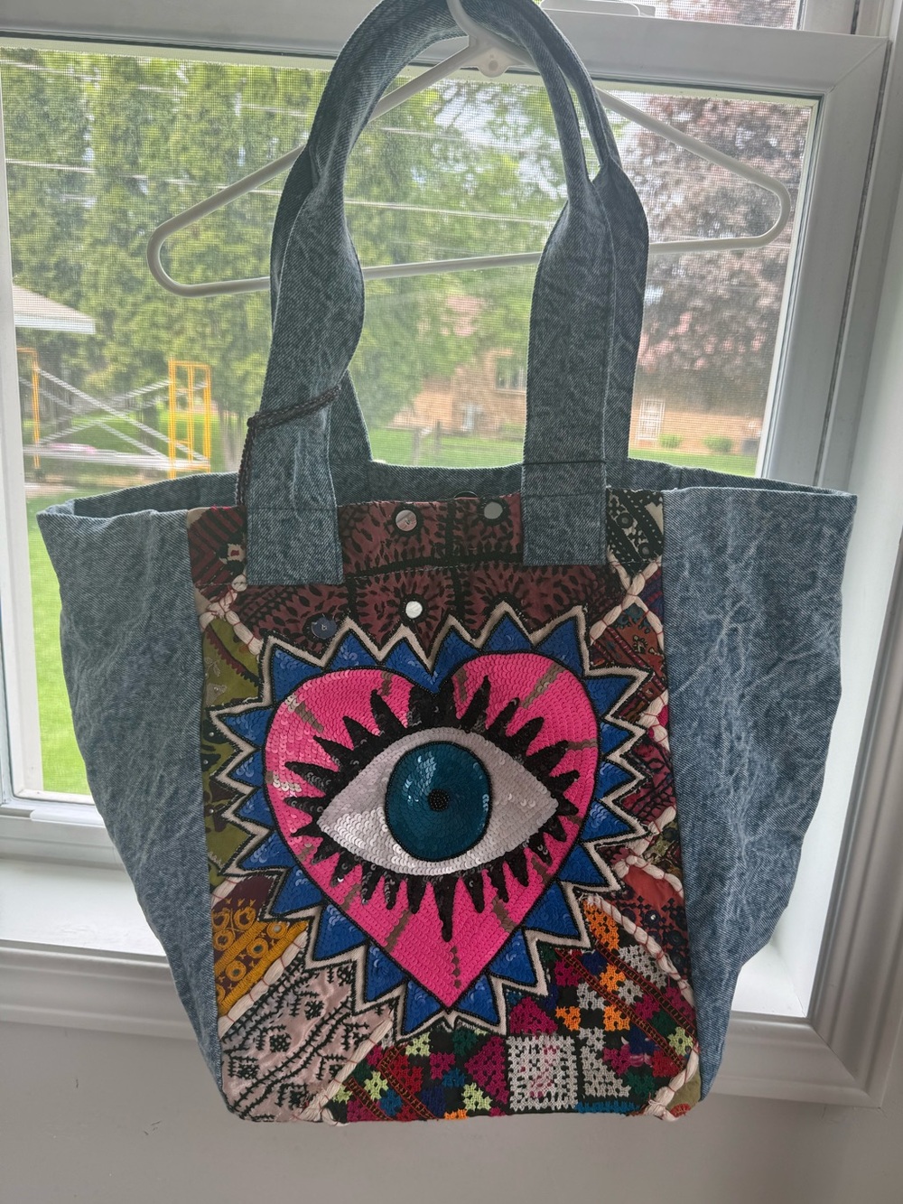 Evil Eye Heart Watch Over Me Denim Tote NWT